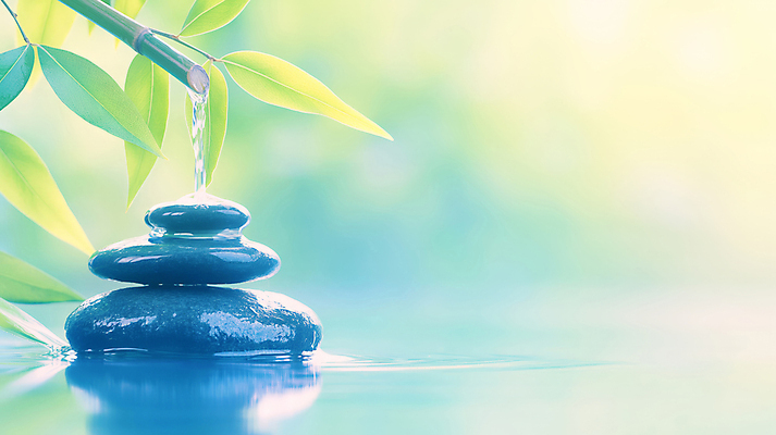 JPG 편집이미지 자연 나뭇잎 사람없음 초록색 물 빛 평화 고요 조약돌 대나무 명상 보케 힐링 편집실사 젠 AI포토 AI콘텐츠 자연요소 나무 컬러 컨셉 잎 쌓기 돌_바위 CG 생태계 파일형식