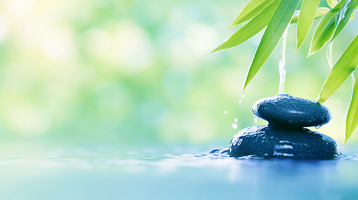 JPG 편집이미지 자연 나뭇잎 물줄기 사람없음 초록색 빛 평화 고요 조약돌 명상 보케 힐링 편집실사 젠 AI포토 AI콘텐츠 컬러 컨셉 잎 물 쌓기 돌_바위 CG 생태계 파일형식