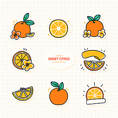 꽃 스티커 잎 오렌지 일러스트 귤 사람없음 반짝임 세트 주황색 슬라이스 격자 엘리먼트 국내일러스트 AI파일 식물 컬러 무늬 과일 모션 파일형식 벡터