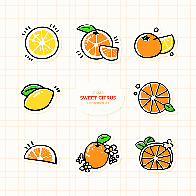 꽃 스티커 잎 오렌지 일러스트 귤 사람없음 반짝임 세트 주황색 레몬 슬라이스 격자 엘리먼트 국내일러스트 AI파일 식물 컬러 무늬 과일 모션 파일형식 벡터