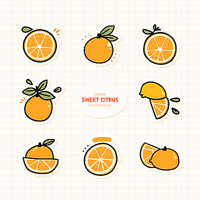 꽃 스티커 잎 오렌지 일러스트 귤 사람없음 반짝임 세트 주황색 슬라이스 격자 엘리먼트 국내일러스트 AI파일 식물 컬러 무늬 과일 모션 파일형식 벡터