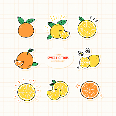꽃 스티커 잎 오렌지 일러스트 귤 사람없음 반짝임 세트 주황색 레몬 슬라이스 격자 엘리먼트 국내일러스트 AI파일 식물 컬러 무늬 과일 모션 파일형식 벡터