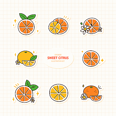 꽃 스티커 잎 오렌지 일러스트 귤 사람없음 반짝임 세트 주황색 슬라이스 격자 엘리먼트 국내일러스트 AI파일 식물 컬러 무늬 과일 모션 파일형식 벡터