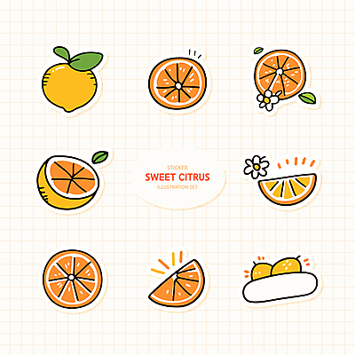 꽃 스티커 잎 오렌지 일러스트 귤 사람없음 반짝임 세트 주황색 슬라이스 격자 엘리먼트 국내일러스트 AI파일 식물 컬러 무늬 과일 모션 파일형식 벡터