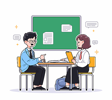 학생 여자 교육 남자 교복 말풍선 의자 가방 일러스트 교실 청소년 미소 들기 성인 두명 책 반짝임 교사 칠판 가리킴 책상 마주앉기 서류판 국내일러스트 AI파일 직업 잡화 옷 가구 학교 모션 표정 사람 앉기 손짓 사무용품 파일형식 벡터