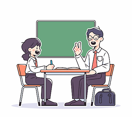 학생 여자 교육 남자 교복 의자 가방 일러스트 교실 청소년 미소 성인 두명 책 펜 교사 칠판 잡기 책상 브이 마주앉기 국내일러스트 AI파일 직업 잡화 옷 가구 학교 모션 표정 사람 앉기 손짓 필기구 파일형식 벡터