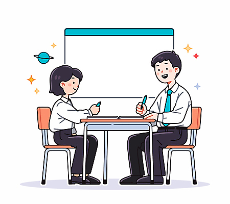 학생 여자 교육 남자 교복 의자 일러스트 교실 청소년 미소 들기 성인 두명 책 반짝임 펜 교사 칠판 행성 책상 마주앉기 국내일러스트 AI파일 직업 옷 가구 학교 모션 표정 사람 앉기 필기구 우주 파일형식 벡터