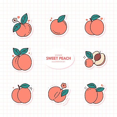 분홍색 스티커 잎 일러스트 사람없음 세트 격자 복숭아 복사꽃 복숭아씨 엘리먼트 국내일러스트 AI파일 식물 꽃 컬러 무늬 과일 씨앗 파일형식 벡터