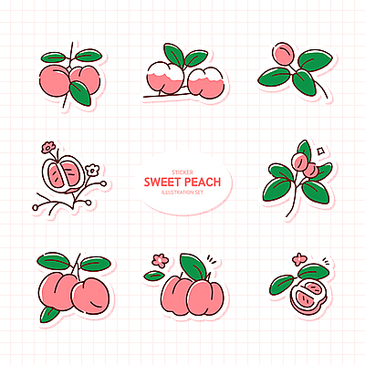 분홍색 스티커 잎 일러스트 사람없음 세트 격자 복숭아 복사꽃 복숭아씨 엘리먼트 국내일러스트 AI파일 식물 꽃 컬러 무늬 과일 씨앗 파일형식 벡터