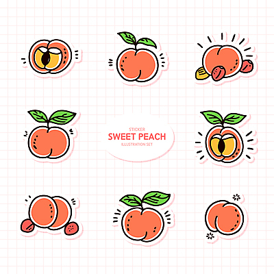 분홍색 스티커 잎 일러스트 사람없음 세트 격자 복숭아 복사꽃 복숭아씨 엘리먼트 국내일러스트 AI파일 식물 꽃 컬러 무늬 과일 씨앗 파일형식 벡터