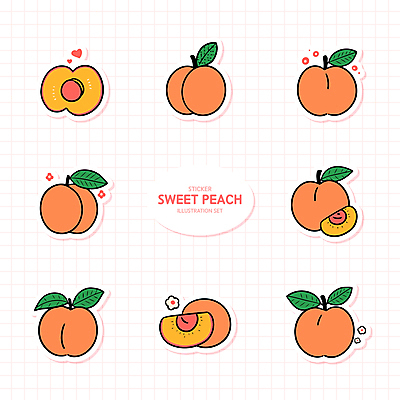 분홍색 스티커 잎 일러스트 사람없음 세트 격자 복숭아 복사꽃 복숭아씨 엘리먼트 국내일러스트 AI파일 식물 꽃 컬러 무늬 과일 씨앗 파일형식 벡터