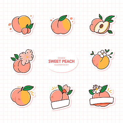 분홍색 스티커 잎 일러스트 사람없음 세트 띠 격자 복숭아 복사꽃 복숭아씨 엘리먼트 국내일러스트 AI파일 식물 꽃 컬러 무늬 과일 씨앗 파일형식 벡터