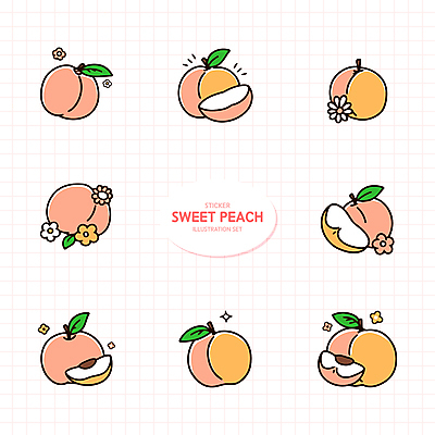 분홍색 스티커 잎 일러스트 사람없음 세트 격자 복숭아 복사꽃 복숭아씨 엘리먼트 국내일러스트 AI파일 식물 꽃 컬러 무늬 과일 씨앗 파일형식 벡터