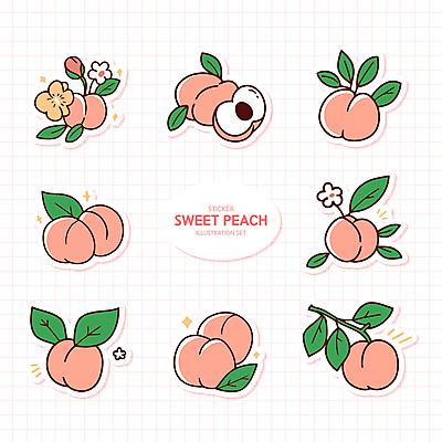 분홍색 스티커 잎 일러스트 사람없음 세트 격자 복숭아 복사꽃 복숭아씨 엘리먼트 국내일러스트 AI파일 식물 꽃 컬러 무늬 과일 씨앗 파일형식 벡터