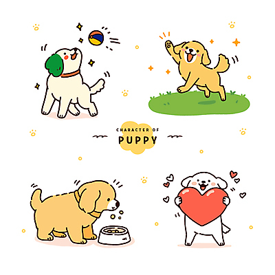 스티커 일러스트 공 미소 들기 앉기 잔디 사람없음 반짝임 달리기 노란색 귀여움 하트 강아지 먹기 공놀이 손인사 개밥그릇 개사료 국내일러스트 AI파일 모양 식물 그릇 컬러 컨셉 모션 놀이 표정 반려동물 인사 개 먹이 애견용품 파일형식 벡터