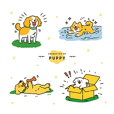 스티커 일러스트 미소 들기 앉기 잔디 사람없음 물 반짝임 상자 눕기 달리기 노란색 귀여움 수영 강아지 느낌표 개뼈다귀 국내일러스트 AI파일 자연요소 식물 기호 컬러 컨셉 모션 표정 반려동물 수상스포츠 개 애견간식 파일형식 벡터