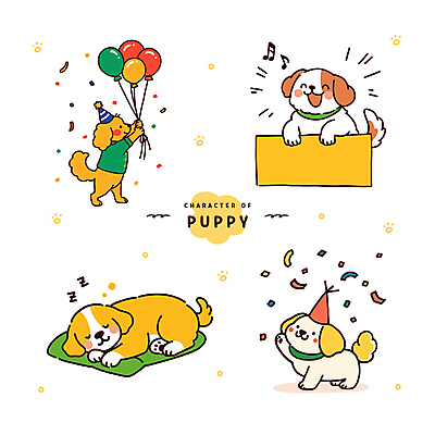 엎드리기 쿠션 스티커 음표 일러스트 미소 앉기 사람없음 노란색 귀여움 고깔모자 팻말 잡기 잠 강아지 꽃가루 풍선 강아지옷 국내일러스트 AI파일 모자_잡화 기호 음악 컬러 컨셉 모션 프레임 표정 반려동물 개 가루 애견용품 파일형식 벡터