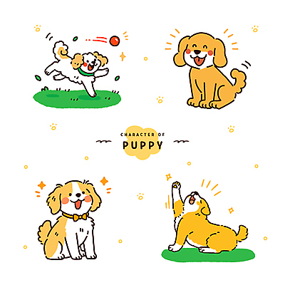 스티커 일러스트 나비넥타이 미소 앉기 잔디 사람없음 반짝임 달리기 노란색 귀여움 강아지 기지개 공놀이 국내일러스트 AI파일 식물 컬러 컨셉 공 모션 놀이 넥타이 표정 반려동물 개 파일형식 벡터