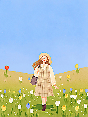 JPG 전신 모자 여자 꽃밭 일러스트 하늘 수채화 한명 미소 성인 크로스백 감성 봄여행 성인여자한명만 국내일러스트 AI일러스트 AI콘텐츠 1 잡화 꽃 여행 컨셉 가방 표정 사람 봄 여자한명만 성인여자만 파일형식
