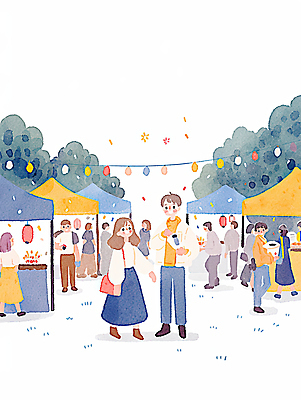 JPG 전신 나무 커플 여자 남자 일러스트 수채화 미소 들기 여러명 성인 군중 감성 봄여행 알전구 야시장 포장마차 성인만 국내일러스트 AI일러스트 AI콘텐츠 식물 여행 다수 컨셉 전구 관계 모션 표정 사람 식당 봄 시장 파일형식