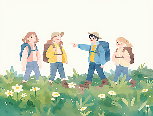 JPG 전신 여자 남자 일러스트 수채화 미소 초원 여러명 성인 걷기 가리킴 밀짚모자 감성 등산가방 봄여행 캡모자 성인만 국내일러스트 AI일러스트 AI콘텐츠 모자_잡화 여행 다수 컨셉 가방 모션 표정 사람 손짓 봄 파일형식