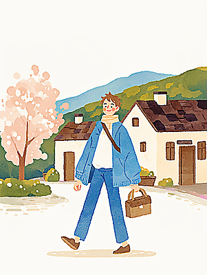JPG 전신 남자 가방 일러스트 수채화 산 주택 한명 미소 들기 성인 벚나무 감성 봄여행 성인남자한명만 국내일러스트 AI일러스트 AI콘텐츠 나무 1 잡화 여행 컨셉 모션 표정 사람 건물 봄 벚꽃 남자한명만 성인남자만 파일형식