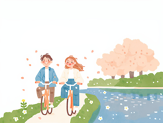 JPG 전신 커플 공원 여자 남자 일러스트 수채화 미소 성인 두명 강 자전거 벚꽃 벚나무 감성 봄여행 성인만 국내일러스트 AI일러스트 AI콘텐츠 나무 공공시설 꽃 여행 컨셉 관계 표정 사람 바이크 봄 파일형식