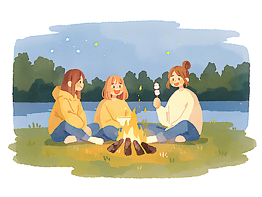 JPG 전신 여자 일러스트 청소년 밤하늘 수채화 미소 들기 앉기 세명 강 나뭇가지 숲 모닥불 감성 마시멜로우 봄여행 십대여자만 국내일러스트 AI일러스트 AI콘텐츠 나무 여행 컨셉 모션 하늘 불 디저트 표정 사람 봄 야간 여자만 십대만 파일형식