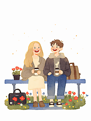 JPG 전신 커플 여자 남자 꽃 벤치 가방 일러스트 수채화 미소 앉기 성인 두명 마주보기 수증기 감성 봄여행 테이크아웃컵 성인만 국내일러스트 AI일러스트 AI콘텐츠 식물 잡화 여행 컨셉 의자 관계 모션 표정 사람 컵 봄 파일형식