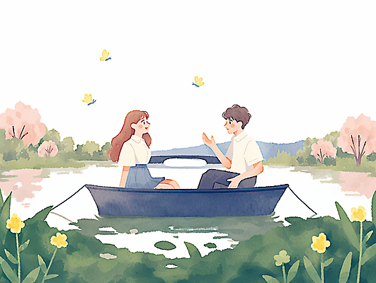 JPG 커플 여자 남자 꽃 나비 일러스트 수채화 미소 앉기 성인 두명 강 손들기 마주보기 벚나무 나룻배 감성 봄여행 가교 성인만 국내일러스트 AI일러스트 AI콘텐츠 나무 식물 건축물 여행 곤충 컨셉 배_교통 관계 모션 표정 사람 봄 벚꽃 파일형식