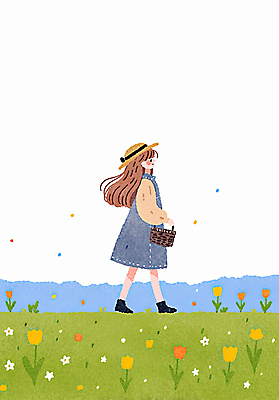 JPG 전신 모자 여자 꽃밭 일러스트 수채화 한명 미소 들기 성인 바구니 걷기 감성 봄여행 성인여자한명만 국내일러스트 AI일러스트 AI콘텐츠 1 잡화 꽃 여행 컨셉 모션 표정 사람 봄 여자한명만 성인여자만 파일형식