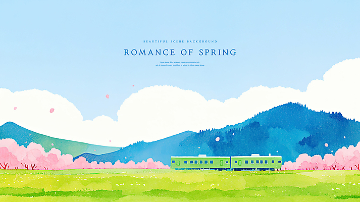 PSD 구름 일러스트 하늘 수채화 산 잔디 사람없음 봄풍경 로맨틱 기차 벚나무 국내일러스트 자연요소 나무 식물 육상교통 컨셉 대중교통 풍경 봄 벚꽃 파일형식