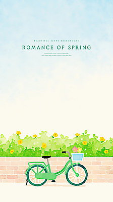 PSD 꽃 일러스트 하늘 수채화 사람없음 자전거 봄풍경 로맨틱 화단 국내일러스트 식물 컨셉 풍경 바이크 봄 파일형식