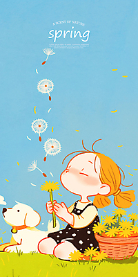 전신 PSD 여자 어린이 일러스트 봄꽃 하늘 한명 들기 앉기 소녀 잔디 귀여움 눈감음 강아지 불기 꽃바구니 민들레홀씨 소녀한명만 국내일러스트 식물 1 꽃 컨셉 모션 사람 반려동물 바구니 봄 개 민들레 여자한명만 소녀만 파일형식