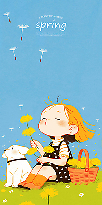전신 PSD 여자 어린이 일러스트 봄꽃 하늘 한명 들기 앉기 소녀 잔디 귀여움 눈감음 강아지 불기 꽃바구니 민들레홀씨 소녀한명만 국내일러스트 식물 1 꽃 컨셉 모션 사람 반려동물 바구니 봄 개 민들레 여자한명만 소녀만 파일형식