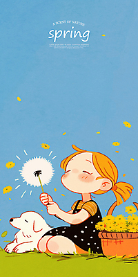 전신 PSD 여자 어린이 일러스트 봄꽃 하늘 한명 들기 앉기 소녀 잔디 귀여움 눈감음 강아지 꽃바구니 민들레홀씨 소녀한명만 국내일러스트 식물 1 꽃 컨셉 모션 사람 반려동물 바구니 봄 개 민들레 여자한명만 소녀만 파일형식