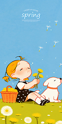 전신 PSD 여자 어린이 일러스트 봄꽃 하늘 한명 들기 앉기 소녀 잔디 귀여움 눈감음 강아지 불기 꽃바구니 민들레홀씨 소녀한명만 국내일러스트 식물 1 꽃 컨셉 모션 사람 반려동물 바구니 봄 개 민들레 여자한명만 소녀만 파일형식