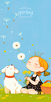 전신 PSD 여자 어린이 일러스트 봄꽃 하늘 한명 들기 앉기 소녀 잔디 귀여움 눈감음 강아지 불기 꽃바구니 민들레홀씨 소녀한명만 국내일러스트 식물 1 꽃 컨셉 모션 사람 반려동물 바구니 봄 개 민들레 여자한명만 소녀만 파일형식