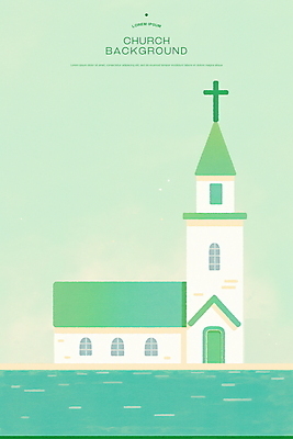 PSD 기독교 십자가 일러스트 수채화 사람없음 초록색 교회 물가 국내일러스트 종교 컬러 종교건축 풍경 건물 파일형식