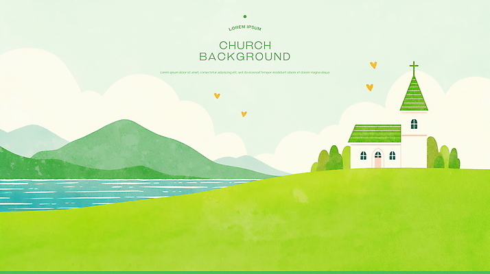 PSD 기독교 십자가 일러스트 수채화 산 초원 사람없음 초록색 교회 물가 풀잎 언덕 국내일러스트 종교 컬러 잎 종교건축 풍경 건물 풀_식물 파일형식