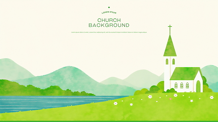PSD 기독교 십자가 일러스트 수채화 산 사람없음 초록색 교회 물가 풀잎 언덕 국내일러스트 종교 컬러 잎 종교건축 풍경 건물 풀_식물 파일형식