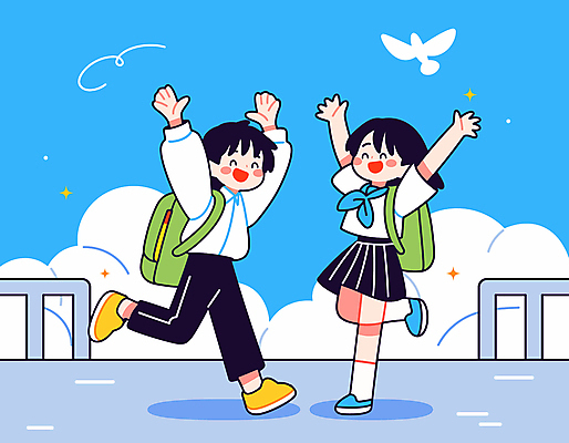 전신 구름 학생 여자 남자 교복 어린이 일러스트 조류 하늘 책가방 소녀 소년 두명 반짝임 울타리 만세 즐거움 어린이만 국내일러스트 AI파일 자연요소 동물 옷 감정 가방 모션 사람 담장 파일형식 벡터