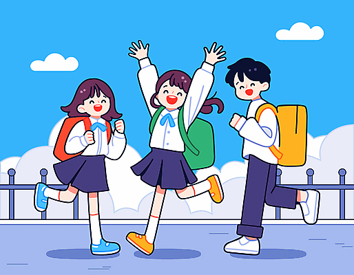 전신 구름 학생 여자 남자 교복 어린이 일러스트 하늘 책가방 소녀 소년 세명 울타리 만세 즐거움 어린이만 국내일러스트 AI파일 자연요소 옷 감정 가방 모션 사람 담장 파일형식 벡터