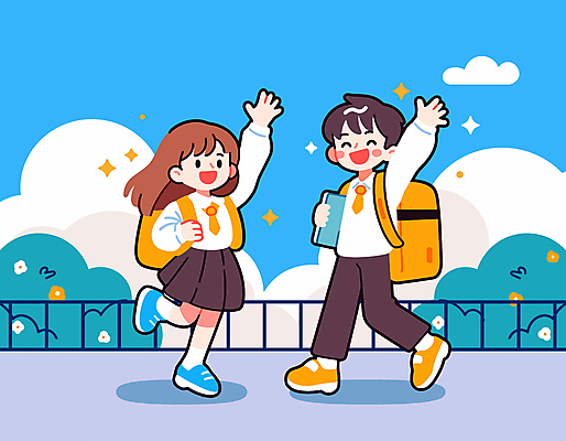 전신 구름 학생 여자 남자 교복 어린이 일러스트 하늘 책가방 들기 소녀 소년 두명 책 반짝임 울타리 즐거움 손인사 어린이만 국내일러스트 AI파일 자연요소 옷 감정 가방 모션 사람 담장 인사 파일형식 벡터