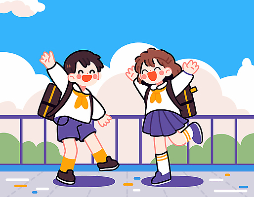 전신 구름 학생 여자 남자 교복 어린이 일러스트 하늘 책가방 소녀 소년 두명 울타리 만세 즐거움 손인사 어린이만 국내일러스트 AI파일 자연요소 옷 감정 가방 모션 사람 담장 인사 파일형식 벡터