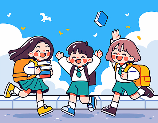 전신 구름 학생 여자 남자 교복 어린이 일러스트 조류 하늘 책가방 들기 소녀 소년 책 세명 만세 즐거움 손인사 어린이만 국내일러스트 AI파일 자연요소 동물 옷 감정 가방 모션 사람 인사 파일형식 벡터