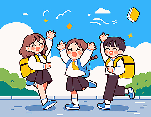 전신 구름 학생 여자 남자 교복 어린이 일러스트 하늘 책가방 소녀 소년 책 세명 만세 즐거움 손인사 어린이만 국내일러스트 AI파일 자연요소 옷 감정 가방 모션 사람 인사 파일형식 벡터