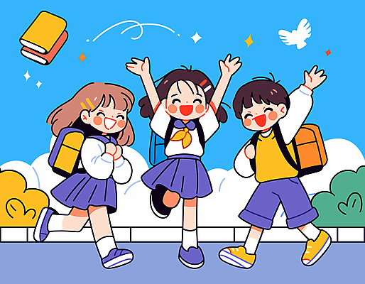 전신 구름 학생 여자 남자 교복 어린이 일러스트 조류 하늘 책가방 소녀 소년 책 세명 만세 즐거움 손인사 어린이만 국내일러스트 AI파일 자연요소 동물 옷 감정 가방 모션 사람 인사 파일형식 벡터