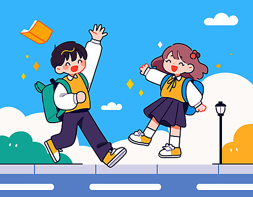 전신 구름 학생 여자 남자 교복 어린이 가로등 일러스트 하늘 책가방 소녀 소년 두명 책 반짝임 즐거움 손인사 어린이만 국내일러스트 AI파일 자연요소 옷 공공시설 감정 가방 모션 사람 인사 파일형식 벡터