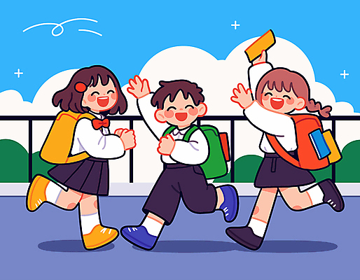 전신 구름 학생 여자 남자 교복 어린이 일러스트 하늘 책가방 들기 소녀 소년 세명 울타리 즐거움 손인사 어린이만 국내일러스트 AI파일 자연요소 옷 감정 가방 모션 사람 담장 인사 파일형식 벡터